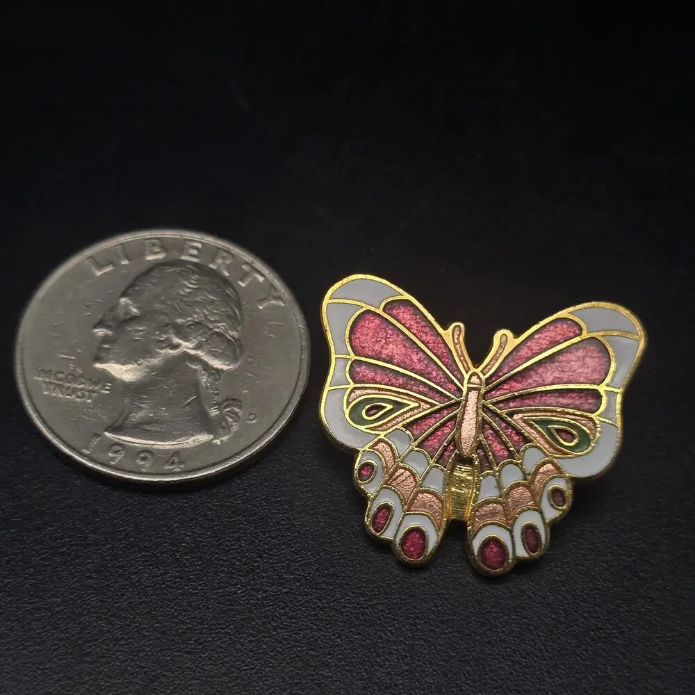 Cloisonne Enamel Butterfly Brooch Pink Petite Dainty Bug Insect Summer Jewelry